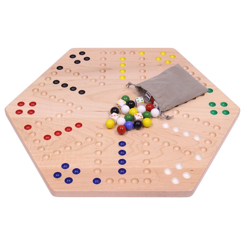 AmishToyBox.com Wahoo Marble Game Board Set - 20" Wide - Solid Maple Wood - Double-Sided - with Large 18mm Marbles and Dice Included - Image 3